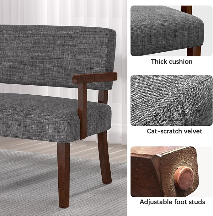 Accent Chair 2 Seat, Upholstered Reading Leisure Chair, Bench with Solid Wood Frame for Dining, Reading, and Waiting Rooms (Gray)