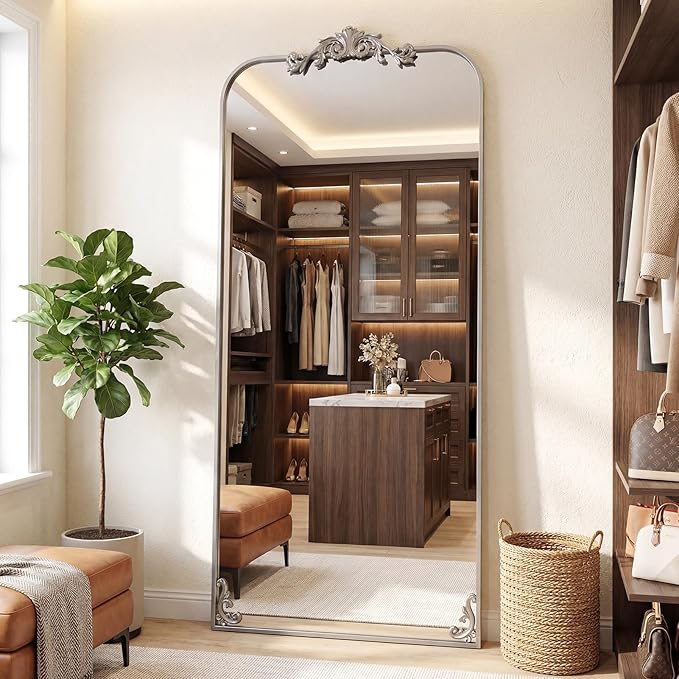 Antok Arched Full Length Mirror, 32"x71" Floor Mirror with Carved, Full Body Mirrors for HomeDecor, Large Wall Mirror with Corner Flower for Bedroom, Living Room, Silver, Luxury Style
