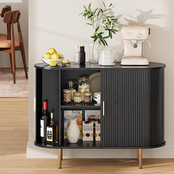 DHH Sideboard Buffet Cabinet with Storage,Mid Century Modern Fluted Accent Coffee Bar Console Table,Tambour Sliding Doors& Adjustable Shelf for Kitchen, Living Room, Entryway (Black, 40 Inch)