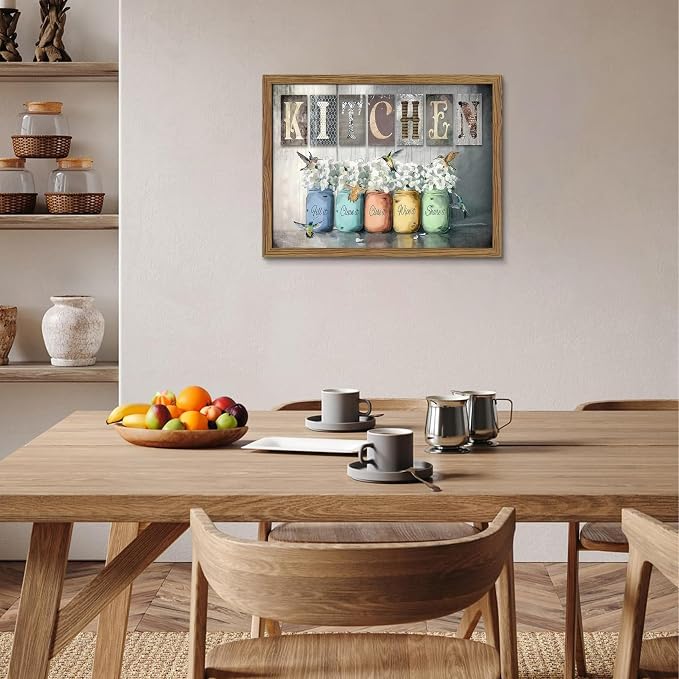 Framed Vintage Kitchen Canvas Wall Art, Retro Letter Signs with Colorful Jars, Florals and Birds Prints, Rustic Farmhouse Wood Grain Poster, Cottagecore Wall Decor for Kitchen Dining Room, 16x24in