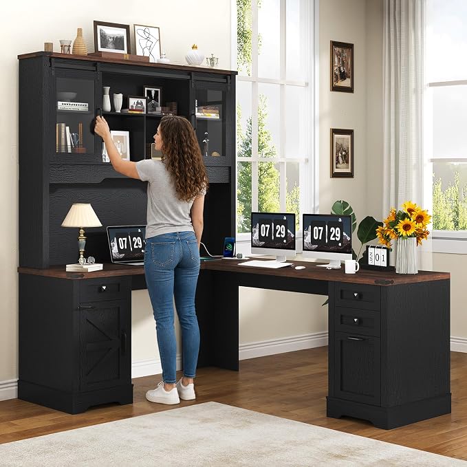 Squireewo 68.9'' Farmhouse L Shaped Desk with Hutch and Drawers, 76" High Wood Executive Home Office Desk with Charging Station, File Drawer and Cabinet, Computer Corner Desk with Sliding Doors, Black
