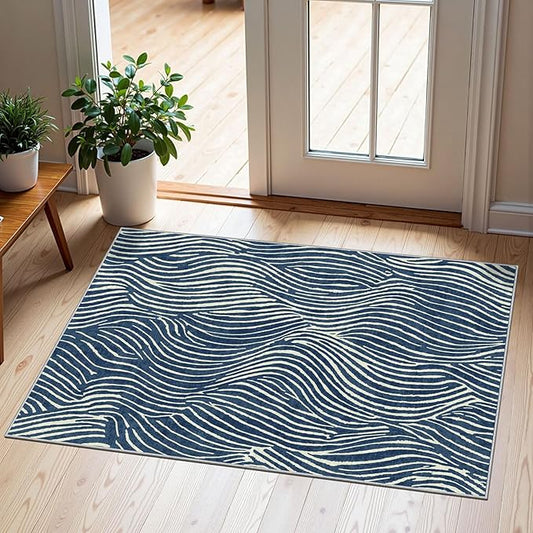 Front Door Mat Outside Entrance - 2x3 Modern Non-Slip Washable Summer Doormat Indoor Outdoor Entrance Blue White Ocean Waves Rug Small Throw Rugs for Entryway Bedroom Kitchen Front Porch Decor