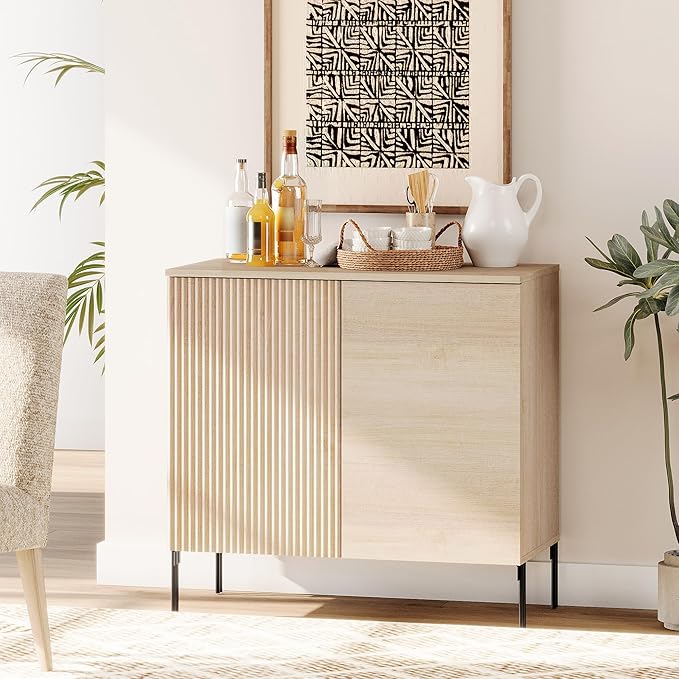 WAMPAT 31.5" Sideboard Buffet Cabinet with 2 Doors and Adjustable Shelves, Fluted Storage Cabinet, Modern Credenza Coffee Bar Wine Bar Table for Kitchen, Dining Room, Living Room,Beige