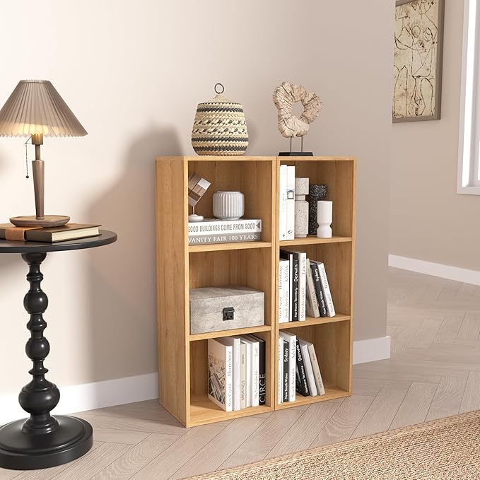 Wooden 3 Cube Storage Organizer, 3 Tier Storage Cubes Storage Display Cubby, Freestanding DIY Closet Shelving Unit for Living Room Bedroom Office (Oak, 3 Cube-W(11.8inch)