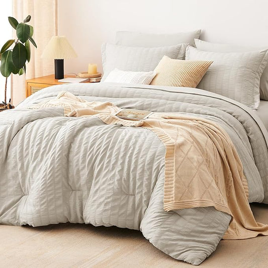 CozyLux California King Comforter Set with Sheets 7 Pieces Beige Seersucker Bed in a Bag, Cal King Luxury All Season Bedding Set with Down Alternative Comforter, Sheets, Pillowcases & Shams, Home Gift