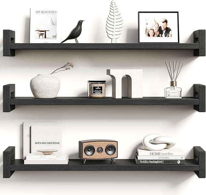 Vailando Floating Shelves for Wall, Set of 3 Solid Wood Wall Mounted Shelves, 23.6" Black Display Shelf for Bedroom, Living Room, Bathroom, and Kitchen Decor - Heavy-Duty & Natural Pine