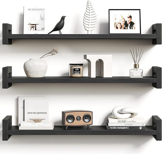 Vailando Floating Shelves for Wall, Set of 3 Solid Wood Wall Mounted Shelves, 23.6" Black Display Shelf for Bedroom, Living Room, Bathroom, and Kitchen Decor - Heavy-Duty & Natural Pine