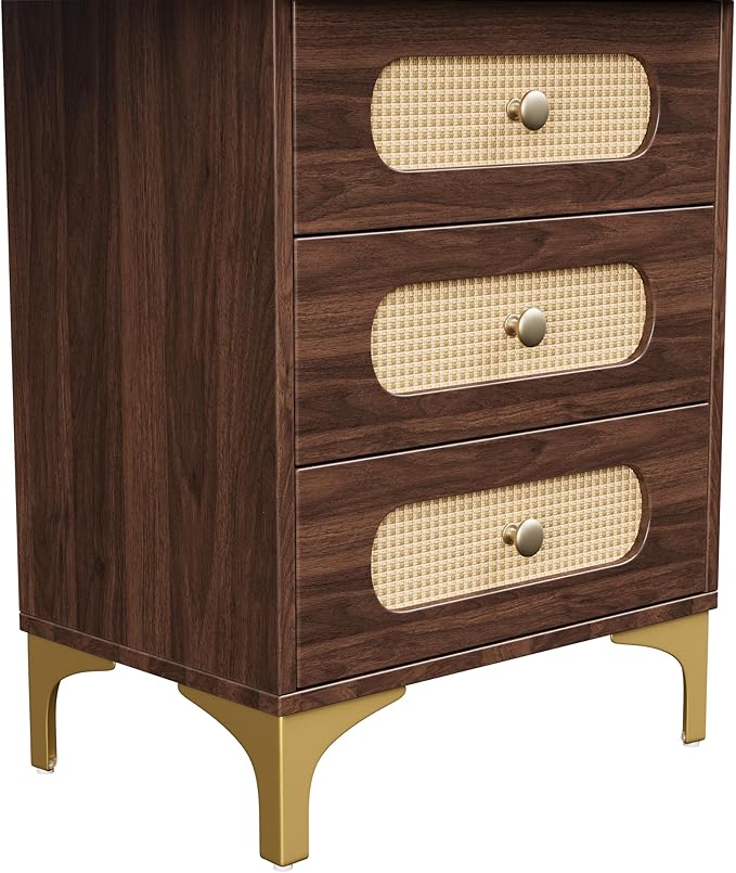 47" Vintage Makeup Vanity Table with Mirror & Lights Dark Walnut Vanity Desk with 3-Color Dimming Light 5 Drawers 3 Open Shelves Mid-Century Modern Vanity with Rattan Decor & Metal Legs