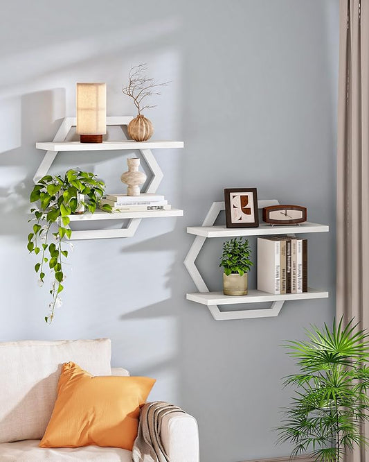 CHOEZON Hexagon Floating Shelves for Wall, Set of 2, 2 -Tier Hanging Shelves, Wall Mounted Storage Shelves, for Living Room, Bedroom, Kitchen, Home Office, Study, White TBJ06P2WB