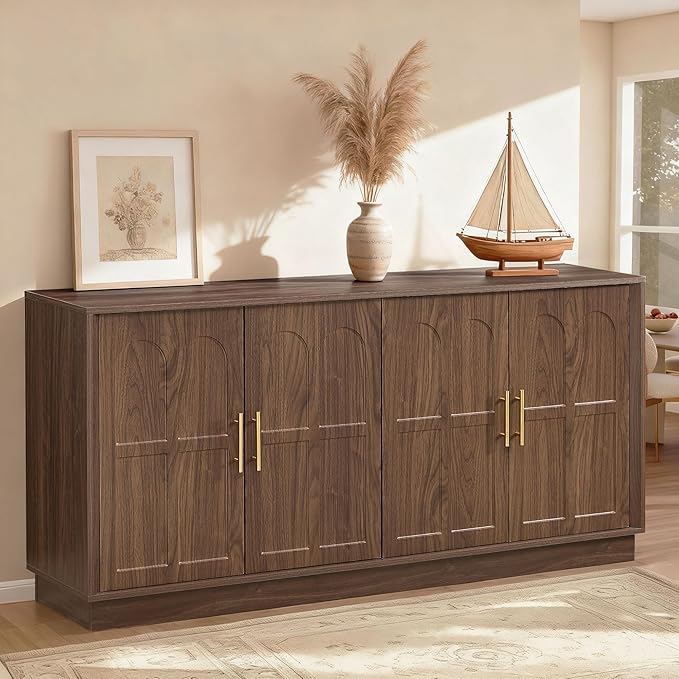 66.5" Sideboard Buffet Cabinet with Storage, Modern Credenza with Arched Doors, Large Wood Accent Cabinet for Living Room Entryway (Walnut)