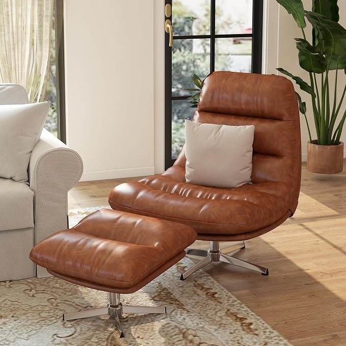 Modern Swivel Accent Chairs with Ottoman Set of 2, PU Leather Oversized Armless Reading Chairs with Footrest, 33'' Wide Upholstered Lounge Chairs with Footstool for Living Room Bedroom Comfy, Brown