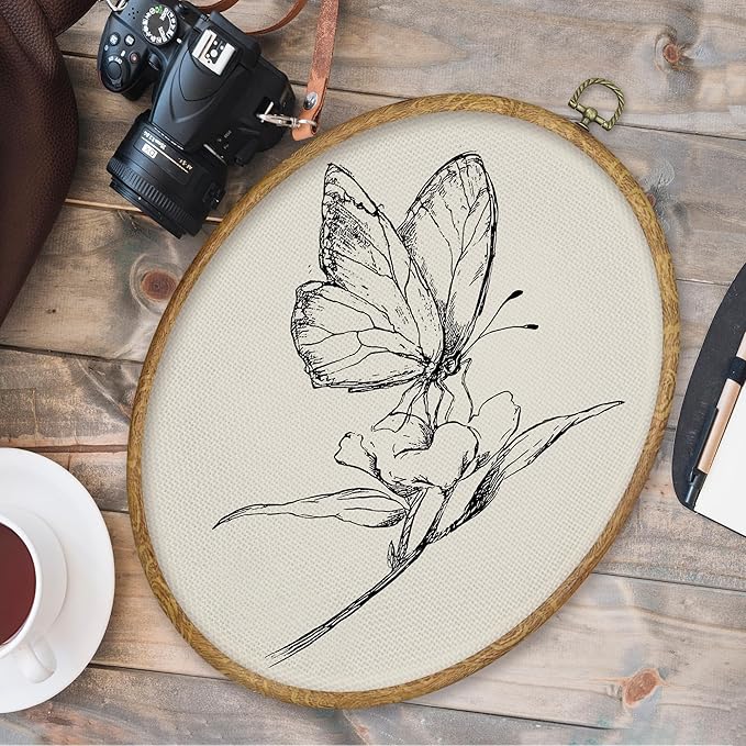 CGBHW Butterfly Floral Oval Wall Art Decor, Rustic Flora Canvas Prints Framed, Neutral Retro Farmhouse Botanical Wall Art Hanging Decor for Home Gallery Bedroom Living Room Decorations, 8.6x11.4 Inch