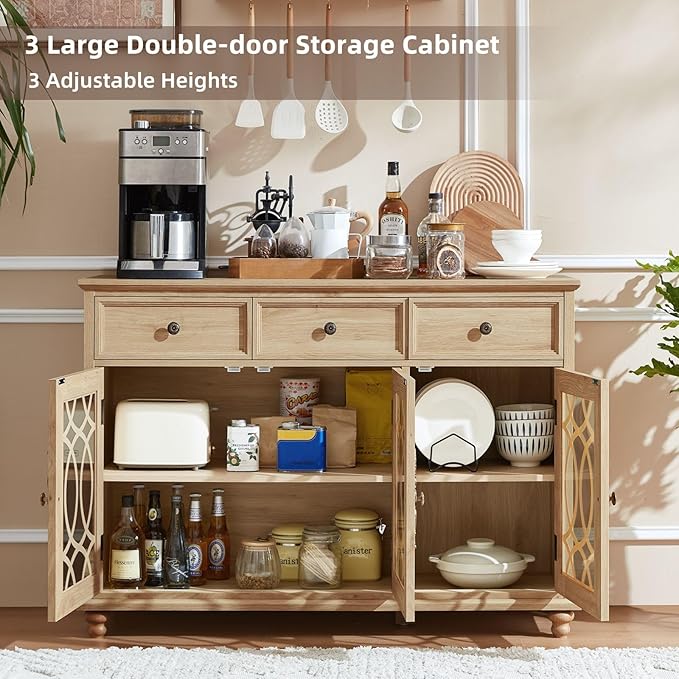 Large Sideboard Buffet Cabinet Set of 2 with Storage,48" Credenza with 3 Glass Doors & 3 Drawers,Adjustable Shelves Coffee Bar,Wood Kitchen Console Table for Dining Room,Natural