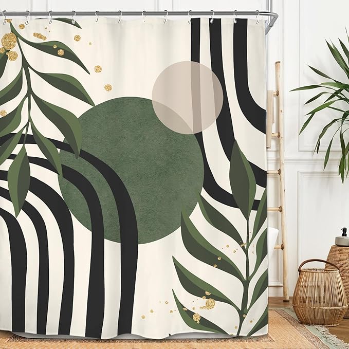 Miyotaa Abstract Sage Green Black Shower Curtain Set 60Wx71H Inches Modern Aesthetic Contemporary Minimalist Plant Leaves Neutral Geometric Waterproof Bathroom Curtain with 12 Hooks