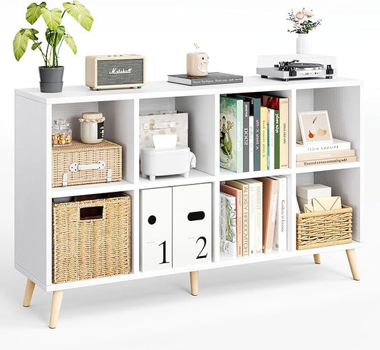 Flrrtenv 8-Cube Bookshelf 2 Tier Modern Bookcase with Legs, 11in Shelf Opening, 47" Wood Bookshelves Storage Organizer Shelf, Freestanding Open Book Shelves for Bedroom Living Room Office, White