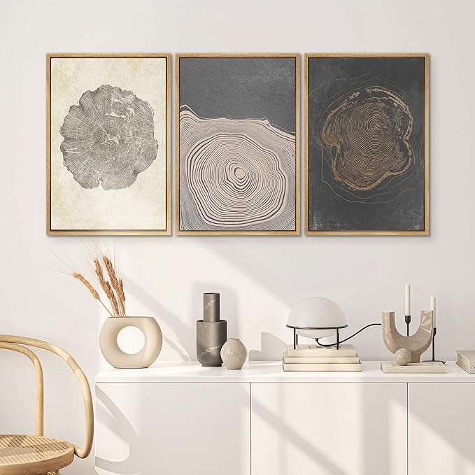 SIGNWIN Framed Canvas Print Wall Art Set Pastel Gray Wood Tree Ring Spirals Nature Abstract Drawings Modern Art Decorative Contemporary Minimal for Living Room, Bedroom, Office - 24"x36"x3 Natural