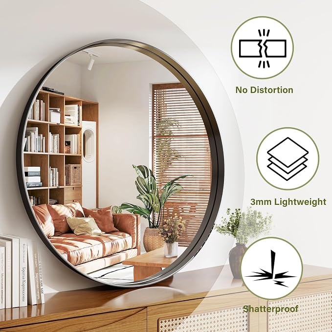 36 Inch Round Bathroom Mirror - Wall Mounted Circle Mirror with Metal Frame, Modern Mirror Suitable for Bathroom, Vanity, Entryway, Living Room, Wall Decor,Black