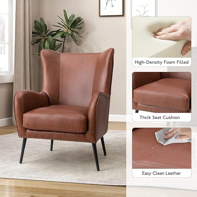 HULALA HOME Faux Leather Accent Chair with Removable Cushion, Comfy Upholstered Armchair with Black Metal Legs & Nailhead Trim Wingback Vanity Chair for Reading Living Room Bedroom, Brown