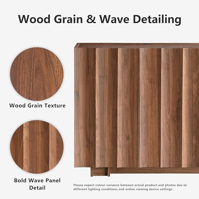 win2win 61.7" Buffet Cabinet with Storage, Mid Century Modern Sideboard with Wave Design, Wood Grain Finish, Credenza with Adjustable Shelves, Modular Cabinets for Living Dining Room Hallway, Walnut