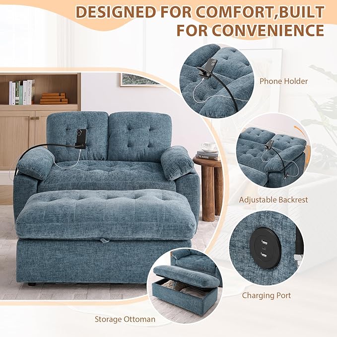 Oversized Chaise Lounge Chair Indoor, Double Convertible Recliner Reading Arm Sofa Chair W/Adjustable Backrest & Charging Port Couch Bed for Living Room, Home Theater & Bedroom, Blue