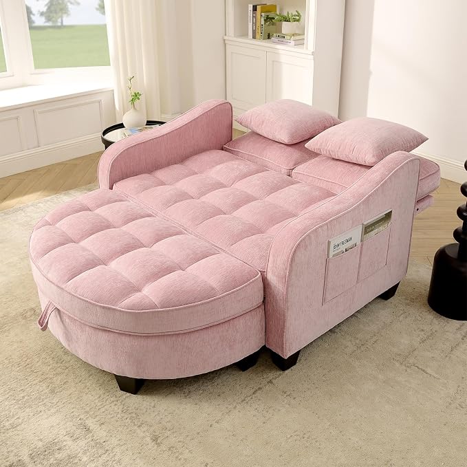 Oversized Curved Chaise Lounge Chair Indoor with Ottoman, 54.8" Cloud Boneless Reading Chair Soft Chenille Circle Couch w/Adjustable Backrest for Living Room, Apartroom, Bedroom, Pink