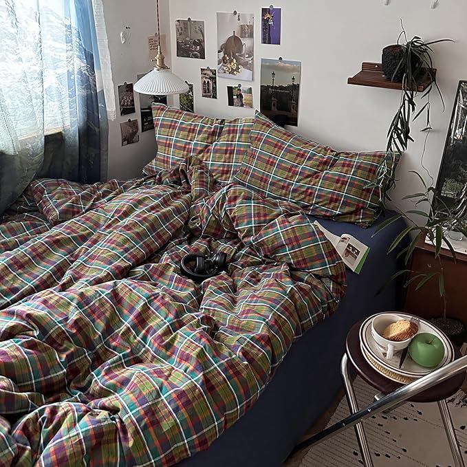 mixinni Buffalo Plaid Duvet Cover King Size - 100% Washed Cotton 3-Piece Bedding Set for All Seasons, Retro Grid Design, Soft Breathable Comforter Cover with Zipper Ties for Men, Women-King Size