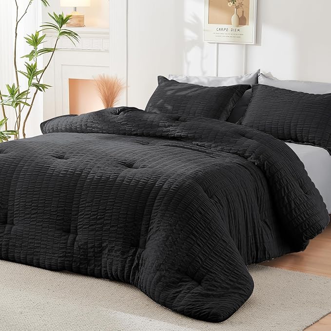 HYMOKEGE Black/Light Grey King Size Comforter Set Seersucker 7 Pieces, All Season Luxury Bed in a Bag for Bedroom, Bedding Set with Comforter, Sheets, Pillowcases & Shams