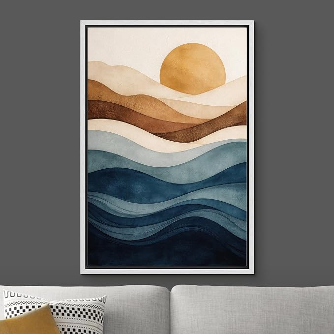 Woodrose Framed Canvas Print Wall Art Abstract Layered Landscape Sun and Waves Illustrations Modern Art Minimalist 3D Colorful Ultra for Living Room, Bedroom, Office - 16"x24" WHITE