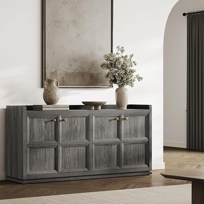 SICOTAS 4-Door Buffet Cabinet - Large Sideboard with Storage & Adjustable Shelves, Modern Credenza Accent Coffee Bar Console Table for Living Room, Kitchen, Entryway, Hallway, Dark Gray Oak, 2 PCS