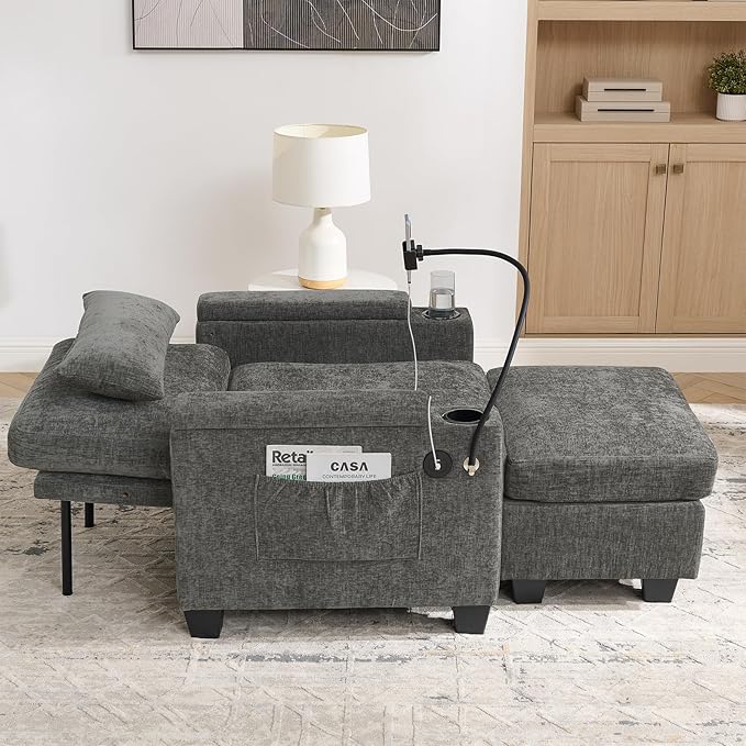 Oversized Chaise Lounge Chair Indoor, Single Convertible Recliner Reading Arm Sofa Chair W/Adjustable Backrest & Charging Port Couch Bed for Living Room, Home Theater & Bedroom, Grey