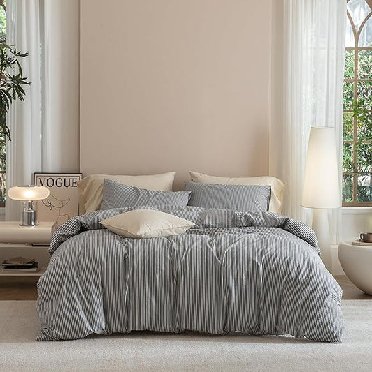 JIYUAN 100% Washed Cotton Striped Duvet Cover Set 3 Pieces King, 1 Duvet Cover and 2 Pillowcases(Comforter Not Included),Linen Like Comfy and Breathable,Pinstripes-Heathered Dark Grey White