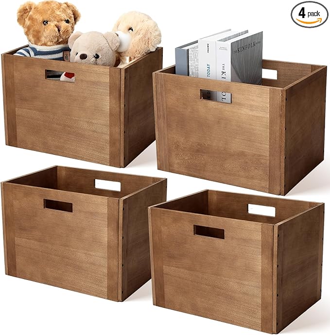 Menkxi 4 Pcs Stackable Wood Storage Cube for Shelves Closet Wooden Bins Box Wood Crates Storage Baskets Container for Toy Books Clothes Home Office, Dark Brown(14 x 10 x 10 Inch)