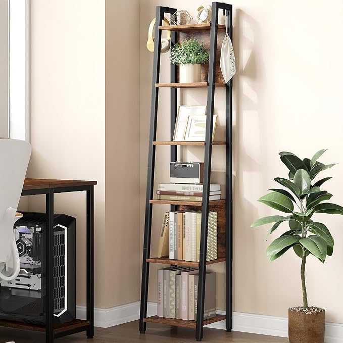 Hzuaneri Ladder Shelf, 6-Tier Narrow Bookshelf with 2 Back Panels, Industrial Ladder Shelf with 2 Hooks, for Home Office, Living Room and Bedroom, 12.2" D x 12.2" W x 63" H, Rustic Brown BC31601B