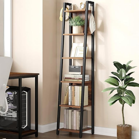 Hzuaneri Ladder Shelf, 6-Tier Narrow Bookshelf with 2 Back Panels, Industrial Ladder Shelf with 2 Hooks, for Home Office, Living Room and Bedroom, 12.2" D x 12.2" W x 63" H, Rustic Brown BC31601B