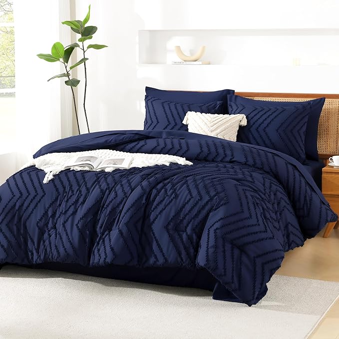 Litanika King Size Comforter Set with Sheets Navy Blue - 7 Pieces Bed in a Bag King Chevron Tufted Complete Bedding Sets with Comforter, Sheets, Pillowcases & Shams