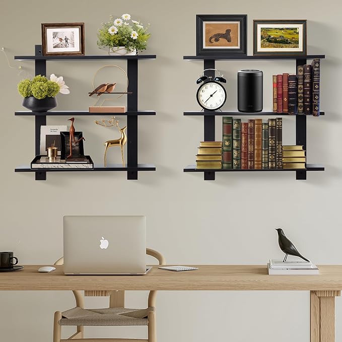 PHOENANCEE 3 Tier Floating Shelves,Long Wall Shelf,Over The Toilet Shelves Bathroom Hanging Display Storage Rustic for Living Room Bedroom Kitchen Office Coffee Bar Decor Decorative,24 Inch,(Black)