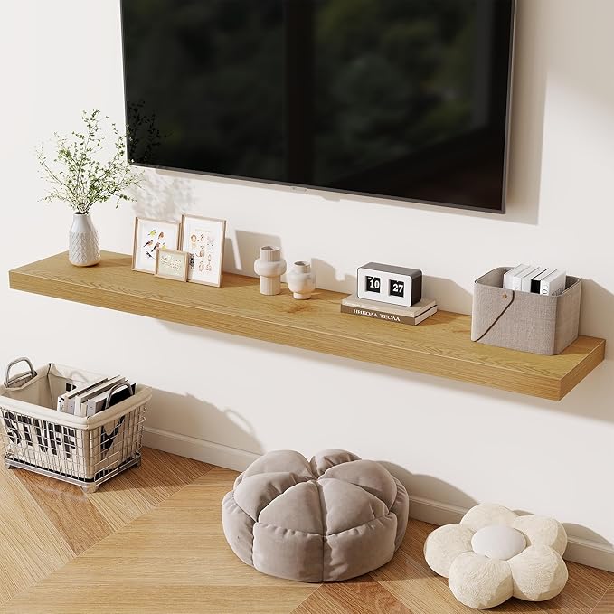 Fun Memories 72 Inch Fireplace Mantel Shelf, 12 Inch Deep Shelves for Display & Wall Storage, Rustic Wood Wall Shelf, Extra Long Floating Shelves for Living Room Laundry Room, Oak, Set of 1