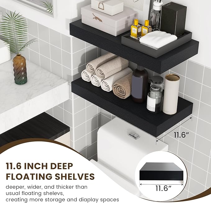 Deep Floating Shelves | 24 Inch Black Floating Shelves Set of 2 | 12 Inch Deep Rustic Wood Shelves for Wall | 24" W x 12" D Black Shelves for Living Room Bathroom Laundry Room Kitchen