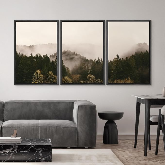 SIGNWIN 3 Piece Framed Canvas Wall Art Foggy Mountains Canvas Prints Home Decoration for Living Room,Bedroom - 24"x36"x3 Panels