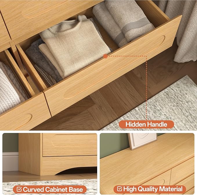 Dresser for Bedroom with Pre-Installed Slides, 6 Drawer Modern Wood Chest of Drawers, 47" Wide Storage Dresser for Bedroom or Hallway, Natural Oak