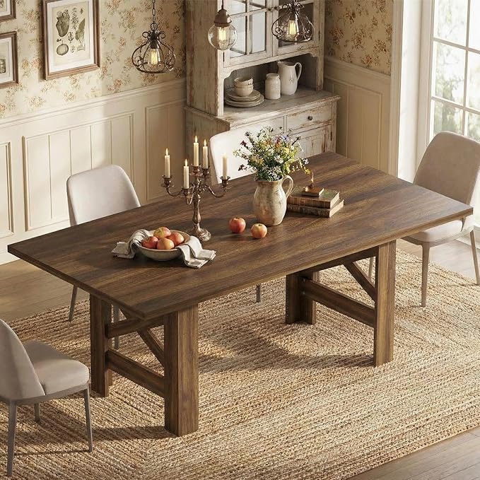 GarveeHome Dining Table for 6-8, 71" Long Large Wooden Farmhouse Kitchen Table with Thick Sturdy Frame, Rectangular Dining Room Dinner Table with Stable Triangular Legs for Kitchen,Office, Retro Brown
