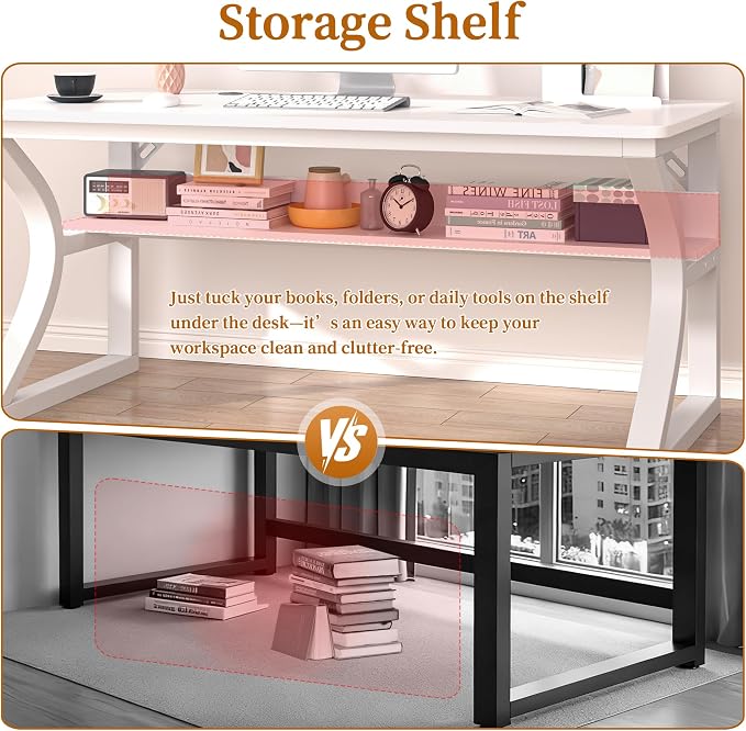 55 X 23.6'' Computer Desk, Home Office Desks w/Shelf Storage, Computer Desk w/Metal Frame, Cable Management, Study Student Desk Writing Work Table Deeper & Thicker Desktop for Home Bedroom