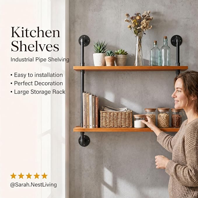 HDDFER Bathroom Floating Shelves for Wall - Industrial Pipe Shelving Shelves Wall Mounted Shelf Over Toilet 24" Farmhouse Home Decor Display Bookshelf Set of 2,Oak