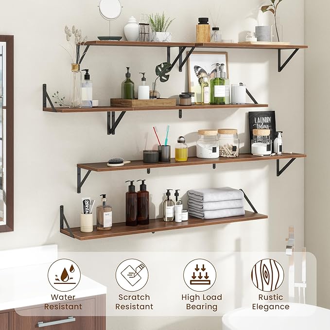 Floating Shelves for Wall,48" Wx8 D Wood Wall Shelves,Hanging Storage Floating Shelf with Metal Brackets,Wide Floating Bookshelf for Living Room,Office,Bedroom,Bathroom,Set of 2,Walnut