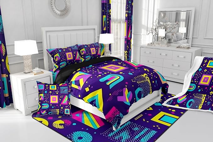 Memphis Geometric Pattern Comforter Cover Set King Size,Retro Style Round Half Moon Triangle Shapes Artwork Duvet Cover Colorful Graphic 80s 90S Style Bedding Set Abstract 1990S Memphis Home Decor