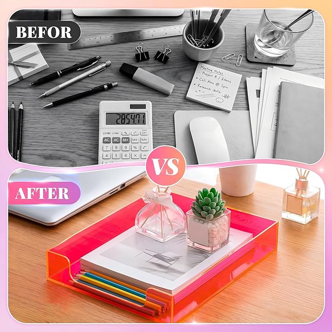 Maxcheck 2 Pcs 12.6 x 10.2 x 2.1'' Acrylic Letter Tray Organizer Stackable Desk Paper Tray with Non Slip Rubber for Office Accessories Desk File Document Folder (Neon Pink)