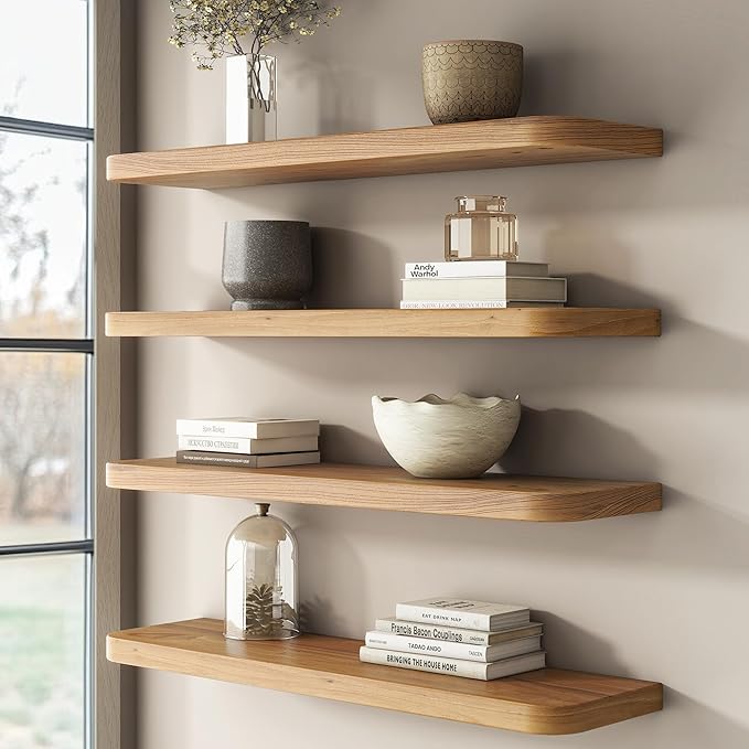 Reclaimed Elm Wood Floating Shelves for Wall Round Edge, 39"W x 9.2"D x 1.37"H, Set of 2 with Invisible Bracket, Wall Mounted Shelves for Living Room Bedroom Kitchen Bathroom Decor, Natural Finish