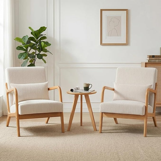 Mid Century Modern Accent Chairs Set of 2, Upholstered Corduroy Armchairs with Lumbar Pillows, Solid Rubberwood Frame for Living Room, Bedroom, Waiting Room, Beige