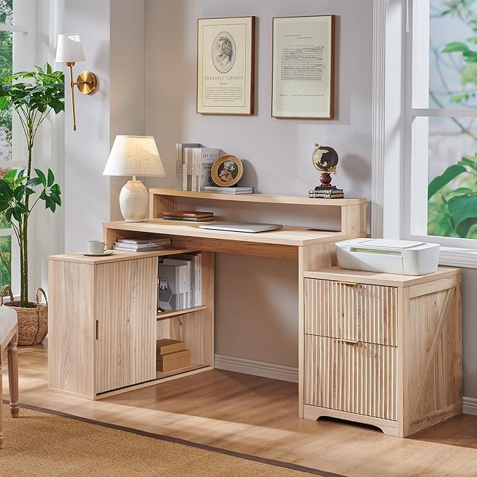 JXQTLINGMU 67" Modern L Shaped Desk with Storage Cabinet & Drawers, Wood Home Office Desk with Power Outlets, Fluted Computer Writing Desk, Oak