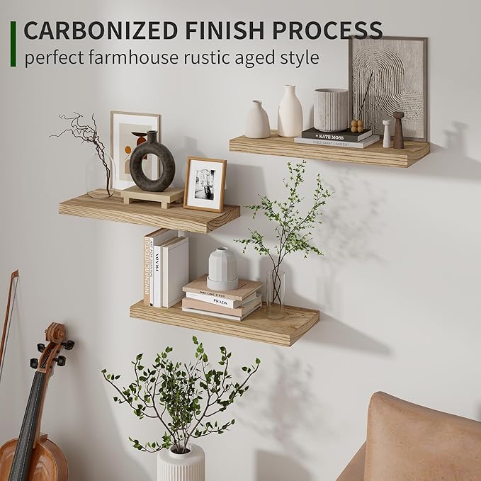 Marsmiles Wood Floating Shelves for Wall Set of 3, 17 Inch Wide Rustic Wooden Floating Shelves, Invisible Wall Mounted Display for Living Room Bedroom Kitchen Bathroom Office, Carbonized Black